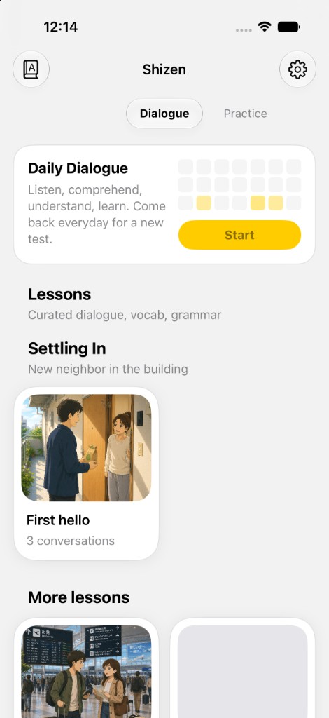 Shizen home screen with Daily Dialogue, lessons, and a yellow Start button